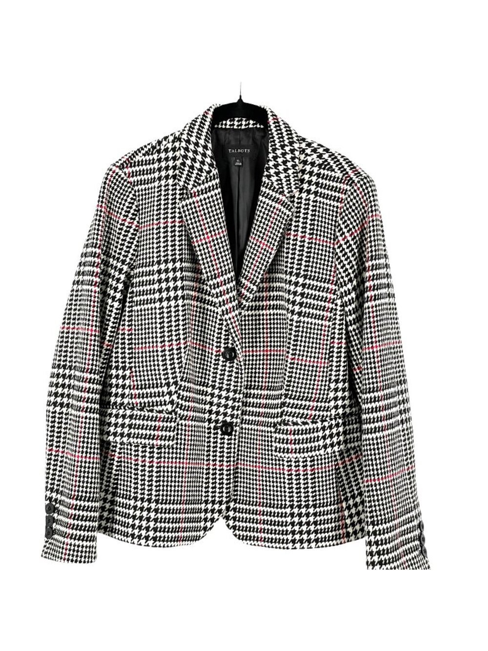 Talbots Houndstooth Blazer Wool-Blend Black White Red Single Breast 2-Button 14
